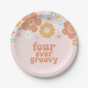 Retro Floral Four ever groovy  4th birthday Paper Plate