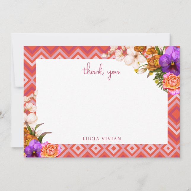 Retro Floral Fuchsia Bridal Shower Thank You Card (Front)