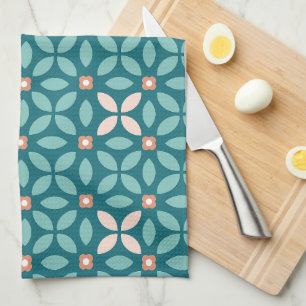 Retro Floral Geo Pattern Teal, Peach, Burnt Orange Kitchen Towel
