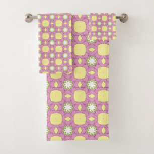 Retro floral geometric patterned bath towel set