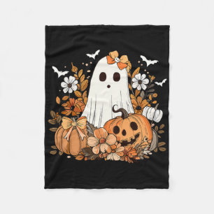 Retro Floral Ghost Cute Pumpkin Autumn Halloween W Fleece Blanket