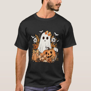 Retro Floral Ghost Cute Pumpkin Autumn Halloween W T-Shirt