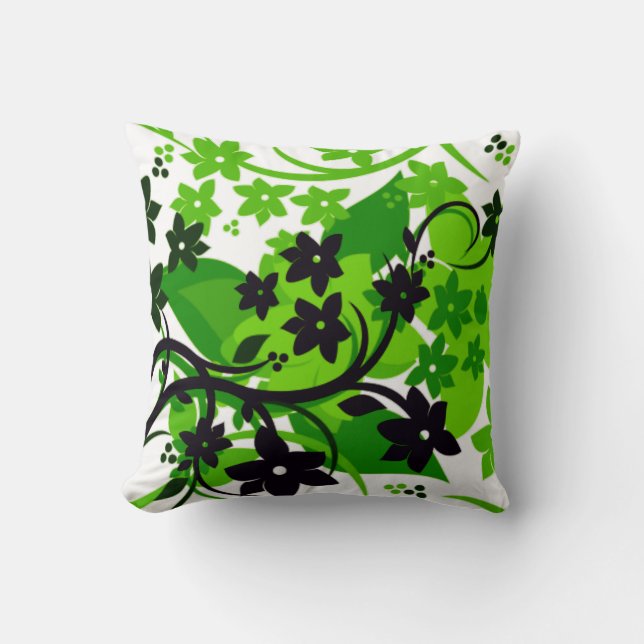 [Retro Floral] Green Botanical Graphic Design Throw Pillow (Front)