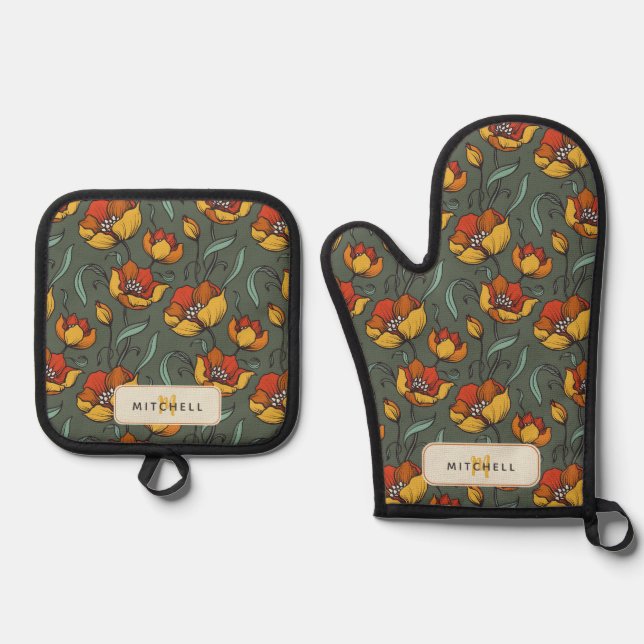 Retro Floral Green Gold Orange Personalized  Oven Mitt & Pot Holder Set (Front)