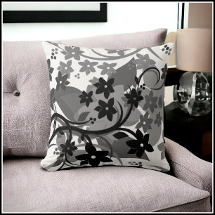 [Retro Floral] Grey Grey Botanical Graphic Design Throw Pillow