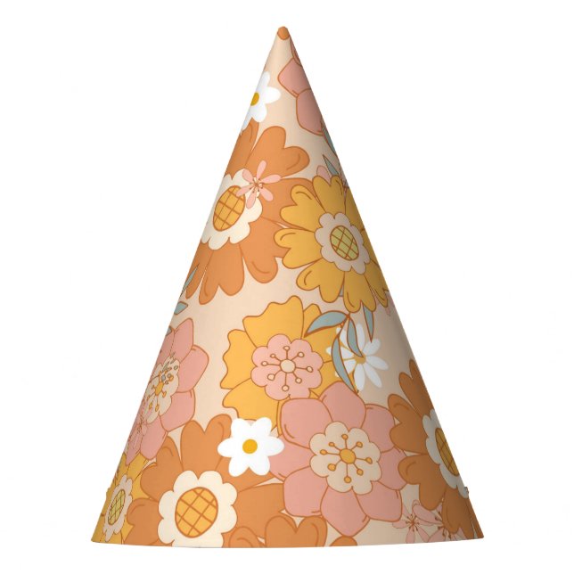 Retro floral groovy baby birthday party hat (Front)