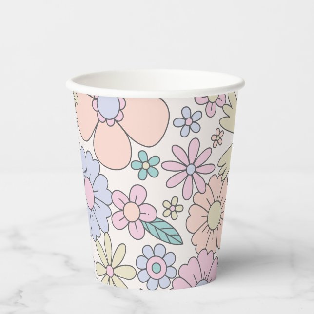 Retro Floral groovy Birthday Paper Cups (Front)