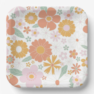Retro Floral groovy birthday Paper Plate