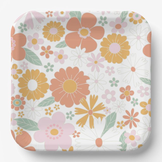 Retro Floral groovy birthday Paper Plate (Front)