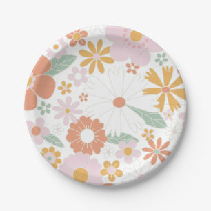 Retro Floral groovy Birthday Paper Plate
