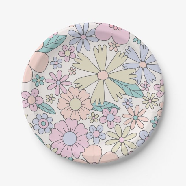 Retro Floral groovy Birthday Paper Plate (Front)