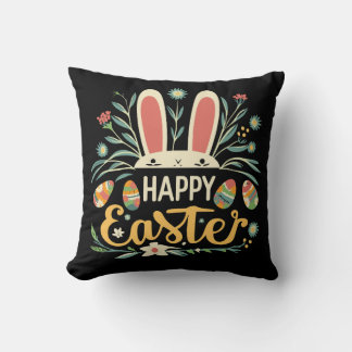 Retro Floral Happy Easter Bunny Boho Spring Throw Pillow