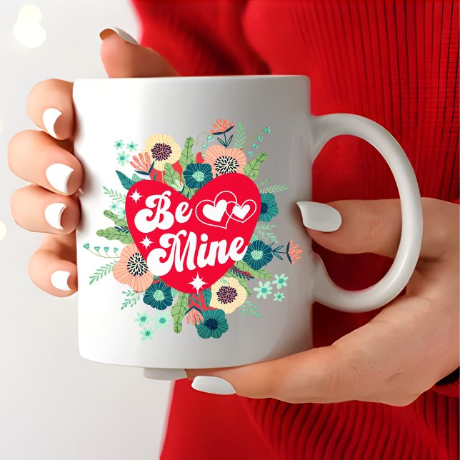 Retro Floral Heart Be Mine Red Valentine's Day Large Coffee Mug (Creator Uploaded)
