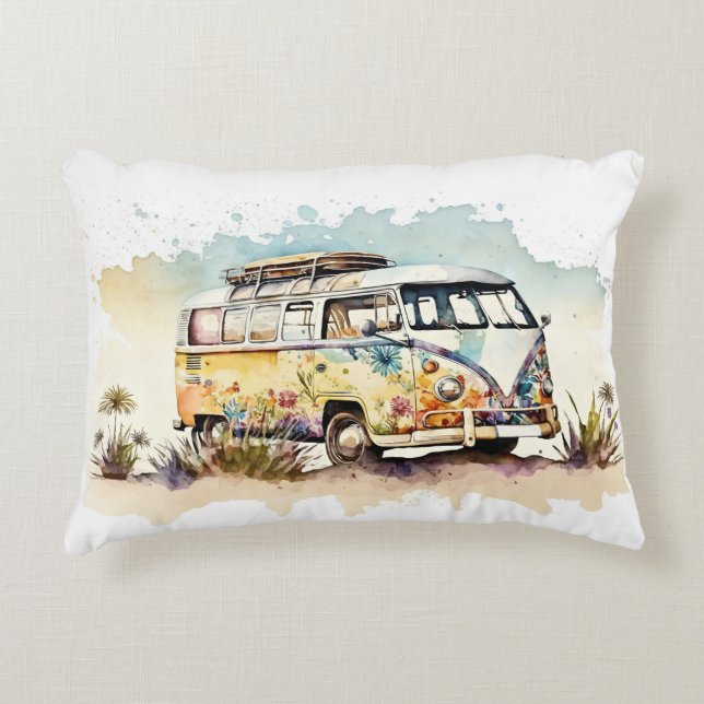 Retro Floral Hippie Bus Accent Pillow (Front)