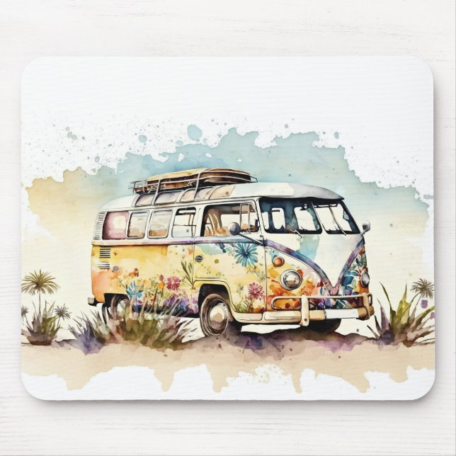 Retro Floral Hippie Bus Mouse Pad (Front)