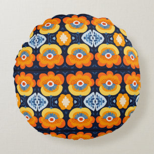 Retro Floral Illustration in Orange and Blue Round Pillow