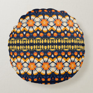 Retro Floral Illustration in Orange Round Pillow