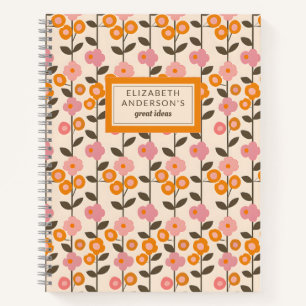 Retro Floral Leaf Pattern Monogram Notebook