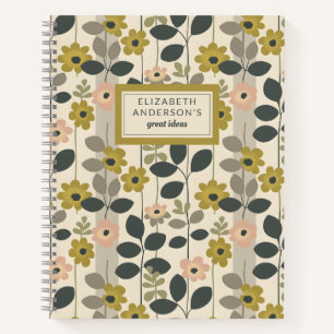Retro Floral Leaf Pattern Monogram Notebook