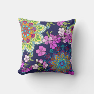 Retro Floral/Mandala Design, Navy & Pink Throw Pillow