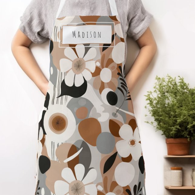 Retro Floral Mid-Century Modern Name Apron (Crafted with high-quality polyester fabric & available in three sizes for the whole family to enjoy.)