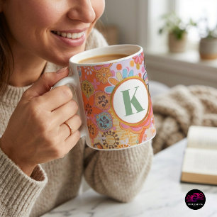 Retro Floral Monogram Groovy Pattern Coffee Mug