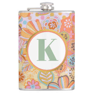 Retro Floral Monogram Groovy Pattern Hip Flask