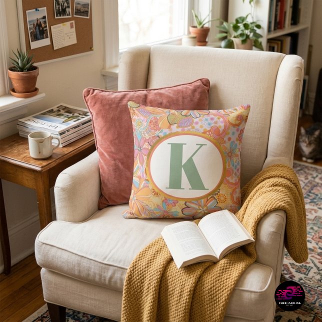 Retro Floral Monogram Groovy Pattern Throw Pillow (Flower power called… it wants its vibes back 🌼✨)