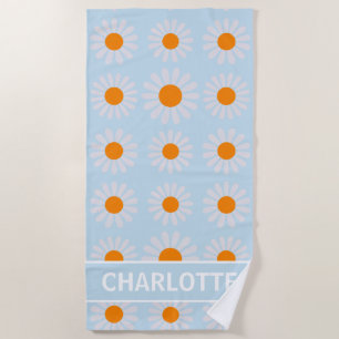 Retro Floral Monogram Orange blue white  Beach Towel