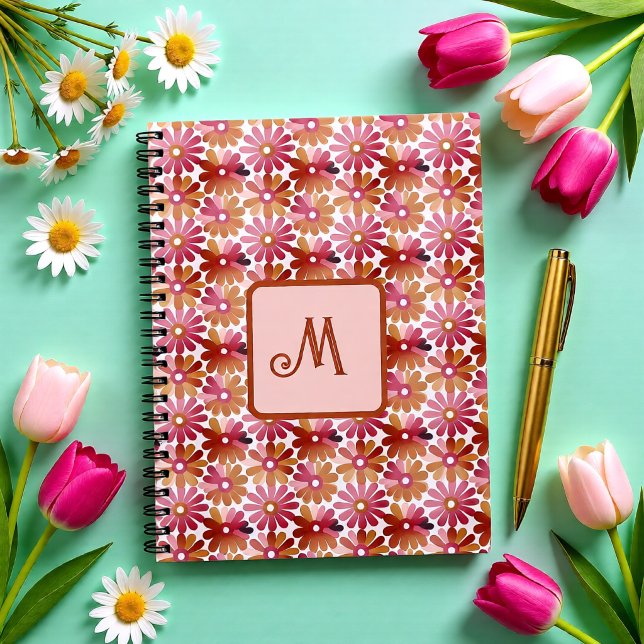 Retro Floral Monogram – Pink & Brown Flowers Notebook (Retro Floral Monogram – Pink & Brown Flowers Notebook)
