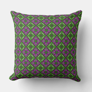 Retro Floral Mosaic pattern Green and Purple Throw Pillow