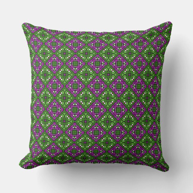 Retro Floral Mosaic pattern Green and Purple Throw Pillow (Front)