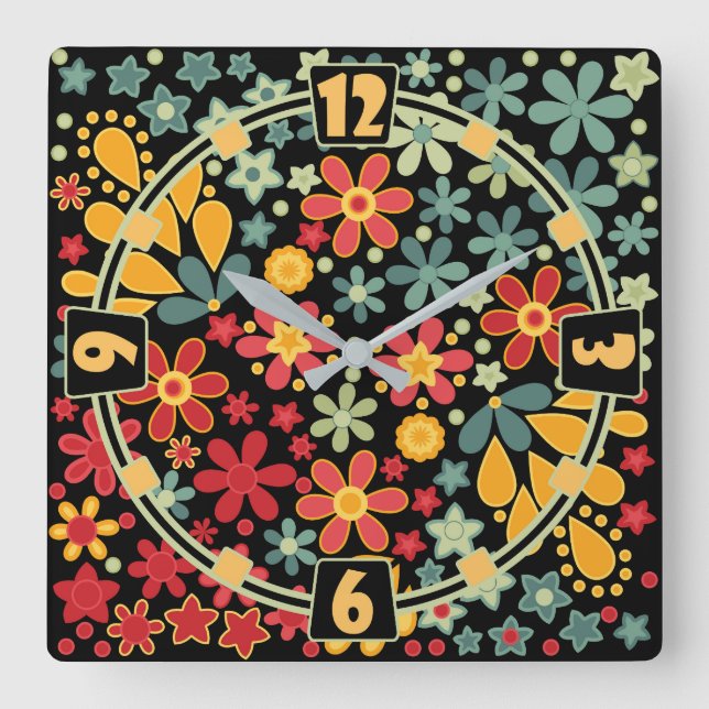 Retro.  Floral motifs 2 Square Wall Clock (Front)