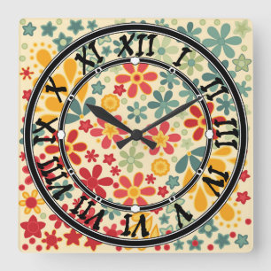 Retro. Floral motifs Square Wall Clock