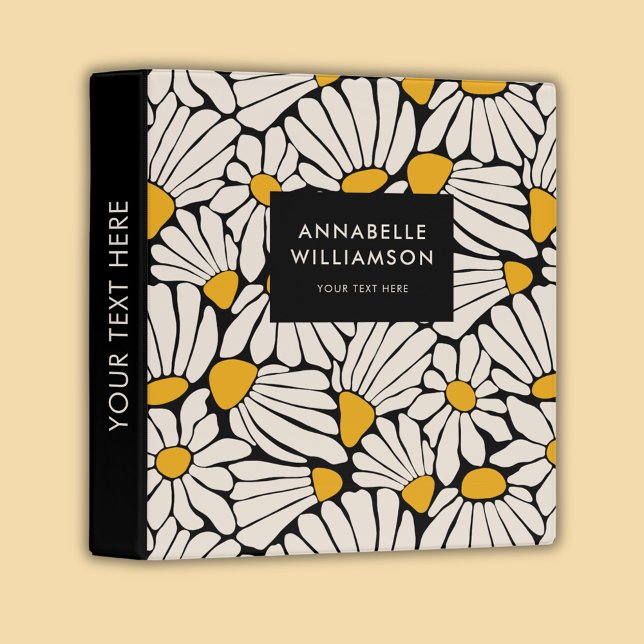 Retro Floral Mustard Yellow Black Binder (Retro floral daisy dream personalized binder)