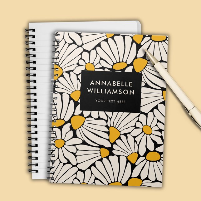 Retro Floral Mustard Yellow Black Notebook (Retro floral daisy dream notebook)