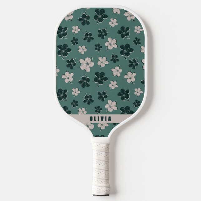 Retro Floral Muted Green Teal Pickleball Paddle (Front)