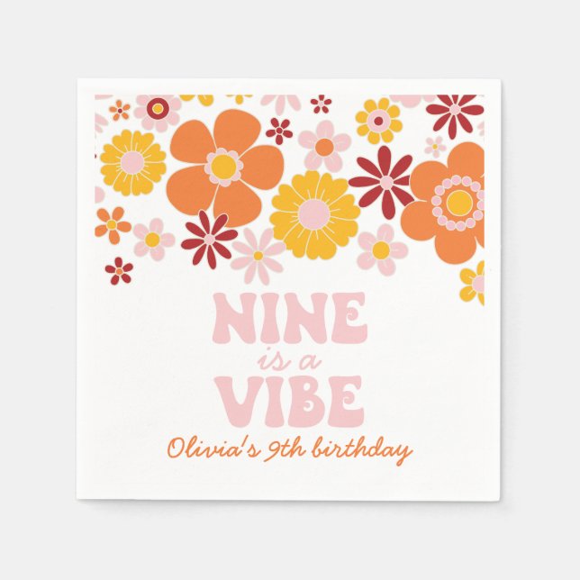 Retro Floral Nine is a Vibe 9th birthday Napkin (Front)