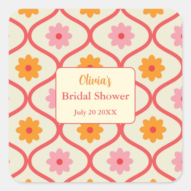 Retro Floral Ogee Mid-Century Modern Bridal Shower Square Sticker (Front)