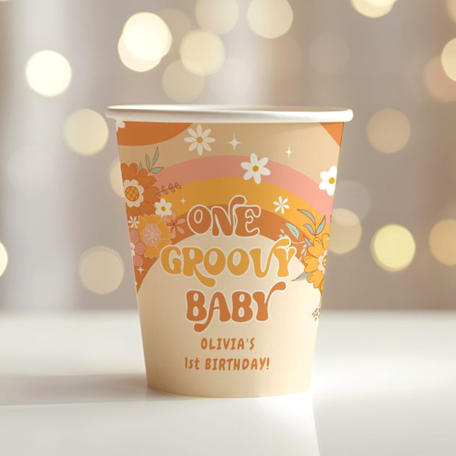 Retro floral one groovy baby paper cups (Creator Uploaded)