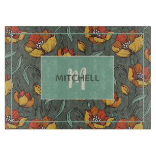 Retro Floral Orange Gold Teal Personalized Cutting Board
