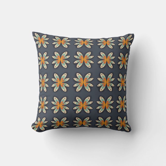 Retro Floral Orange Navy Blue Abstract Pattern  Throw Pillow (Front)