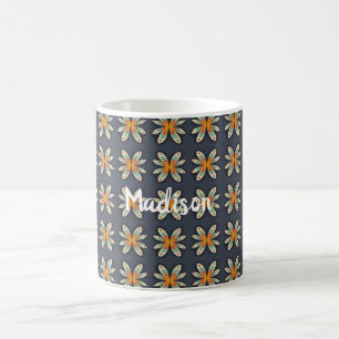 Retro Floral Orange Navy Blue Pattern Custom Coffee Mug