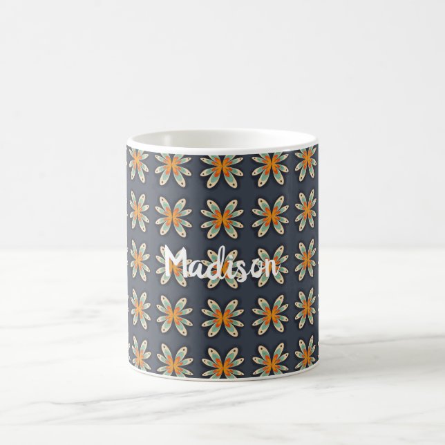 Retro Floral Orange Navy Blue Pattern Custom Coffee Mug (Center)