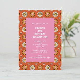 Retro Floral Orange Pink 40th Birthday Party Invitation