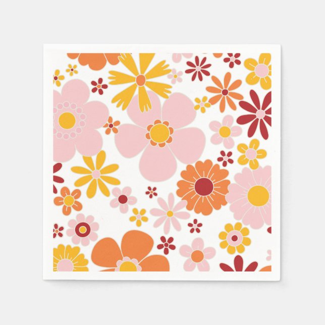 Retro Floral orange pink Birthday Napkin (Front)