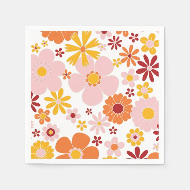 Retro Floral orange pink Birthday Napkin (Front)