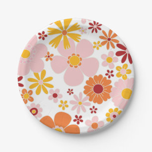Retro Floral orange pink Birthday Paper Plate