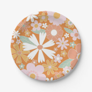 Retro Floral orange pink Birthday Paper Plate