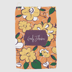 Retro Floral Orange Yellow White Custom Name Golf Towel